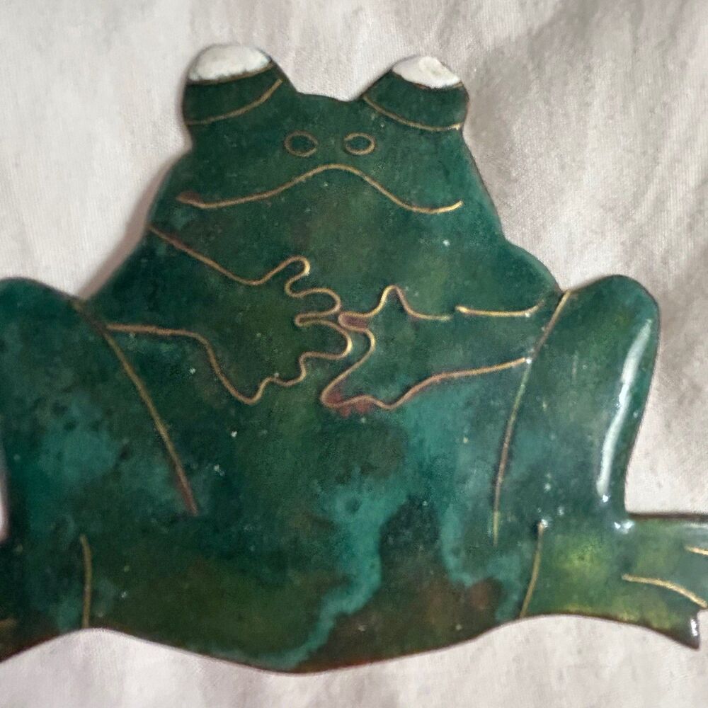 Green Enamel Frog Pin With Gold Details - A Conversation Starter!